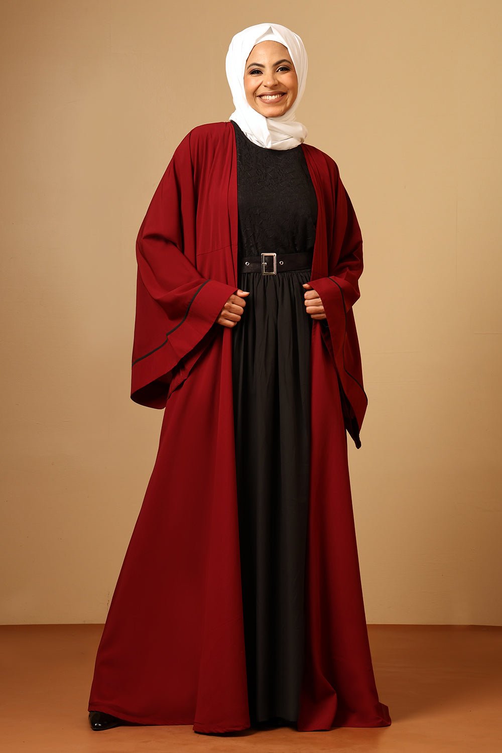 Firdous Bell Sleeve Shrug Abaya with Inner Dress & Adjustable Belt - EastEssence.com