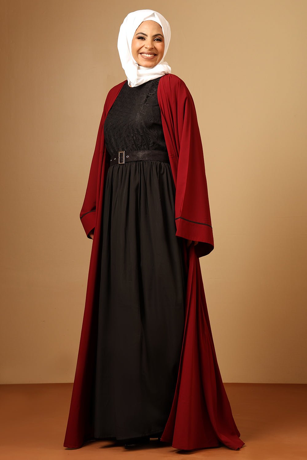 Firdous Bell Sleeve Shrug Abaya with Inner Dress & Adjustable Belt - EastEssence.com