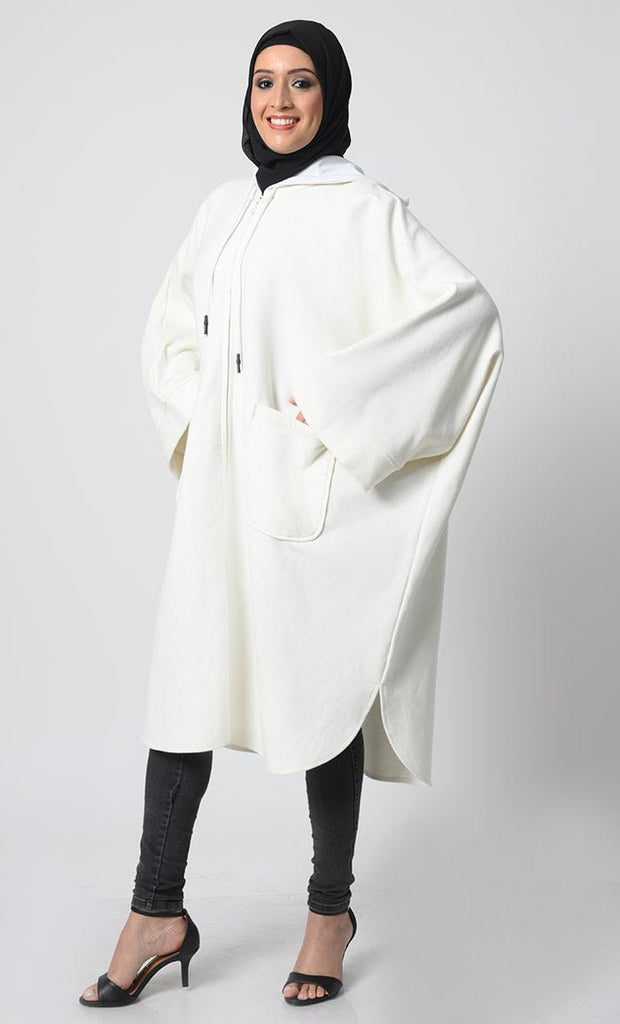 Fleece Kaftan with Hoodie – U - Shaped Hem, Zipper Front, Side Slits - EastEssence.com