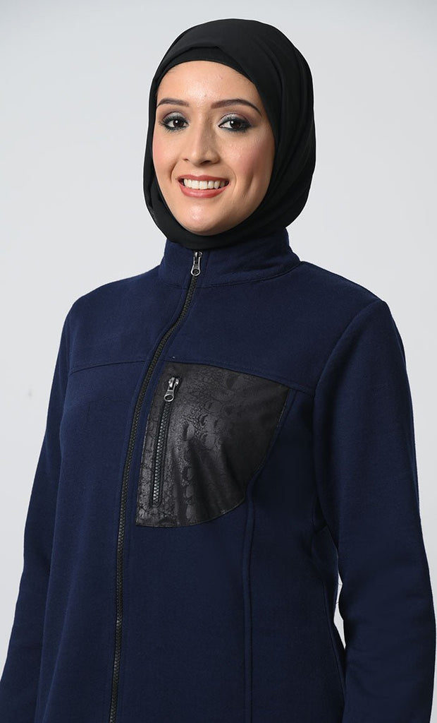 Fleece Tunic – Front Zipper, Stand Collar, Chest Pocket - EastEssence.com