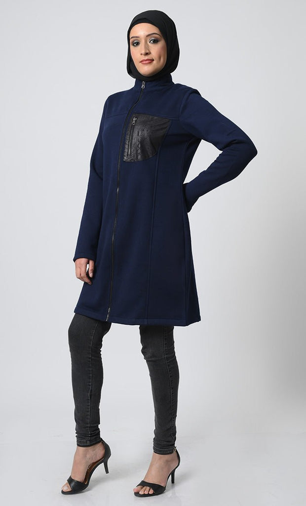 Fleece Tunic – Front Zipper, Stand Collar, Chest Pocket - EastEssence.com