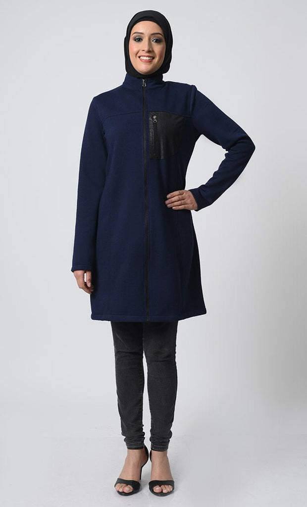 Fleece Tunic – Front Zipper, Stand Collar, Chest Pocket - EastEssence.com