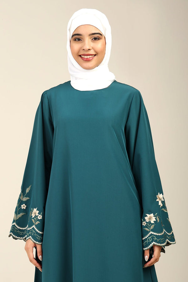 Floral A - Line Kashibo Abaya with Embroidered Bell Sleeves - EastEssence.com