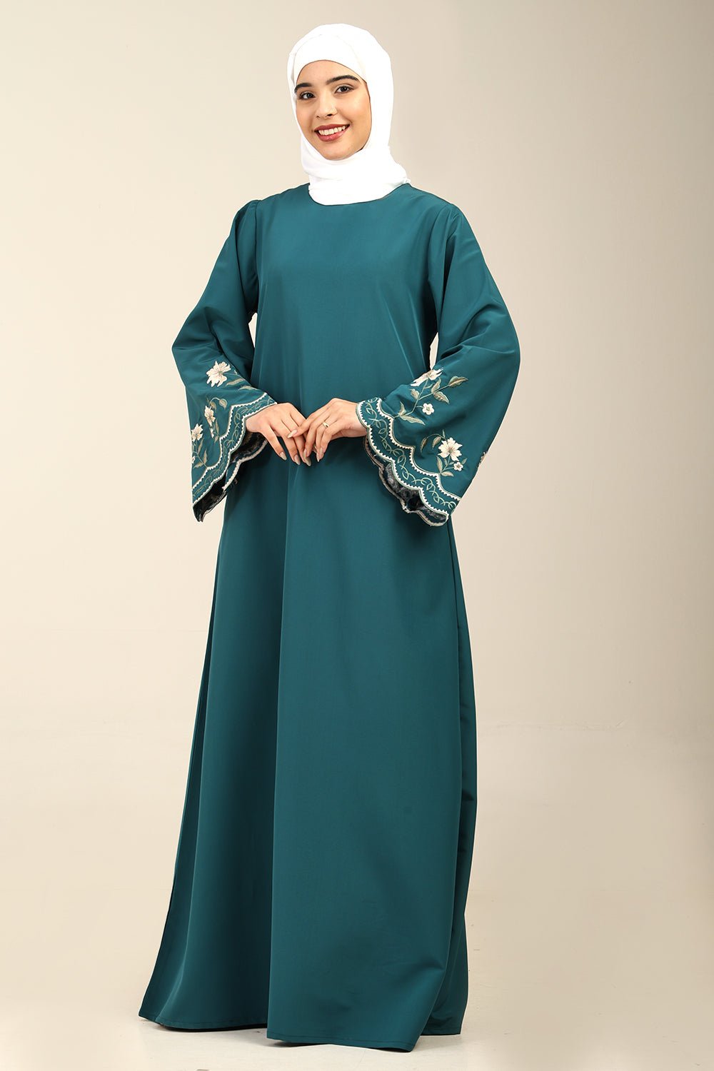 Floral A - Line Kashibo Abaya with Embroidered Bell Sleeves - EastEssence.com