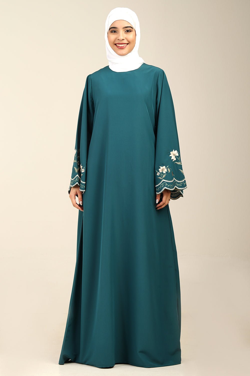 Floral A - Line Kashibo Abaya with Embroidered Bell Sleeves - EastEssence.com