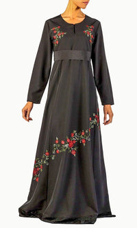 Floral embroidered and lace panel flared abaya dress - EastEssence.com