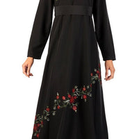 Floral embroidered and lace panel flared abaya dress - EastEssence.com