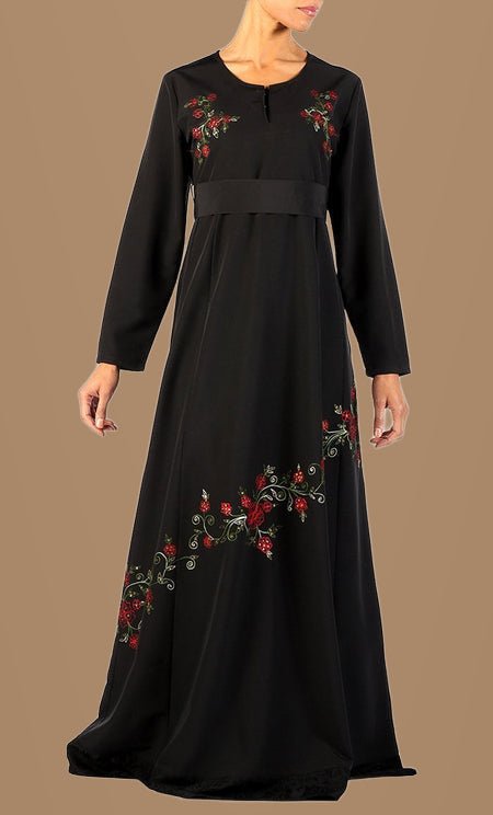 Floral Embroidered Lace-Panel Abaya - EastEssence.com