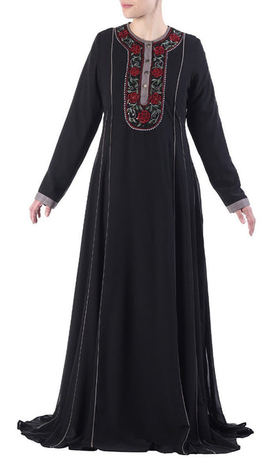 Floral embroidered neckline and sequins buttoned flared abaya dress - Final Sale - EastEssence.com