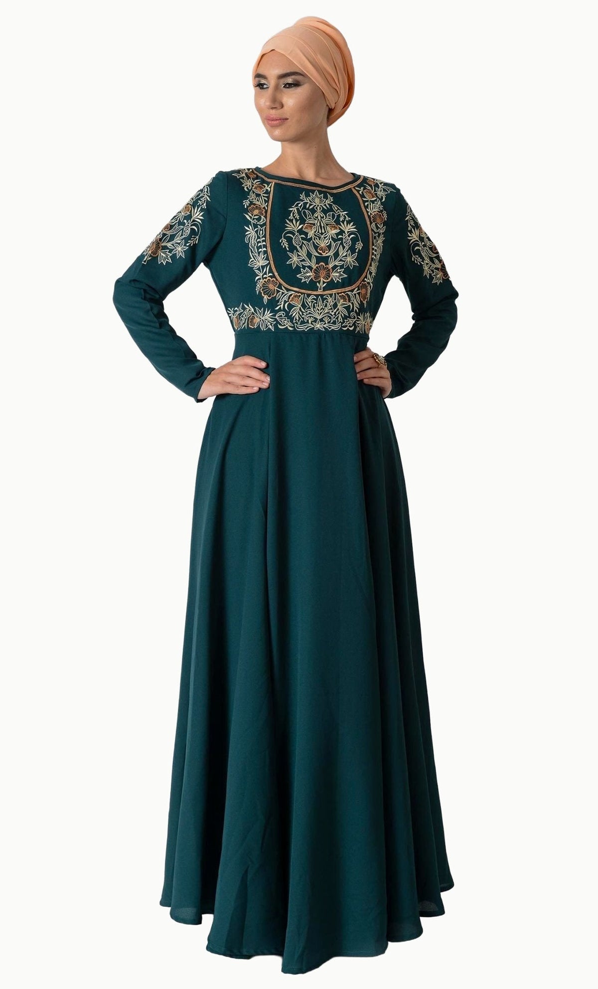 Floral embroidered tradtitional abaya dress and hijab set - EastEssence.com
