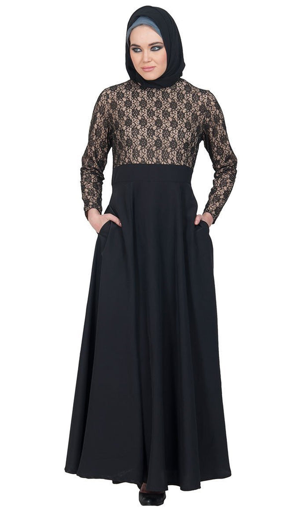 Floral lace work gown style flared abaya dress - Final Sale - EastEssence.com