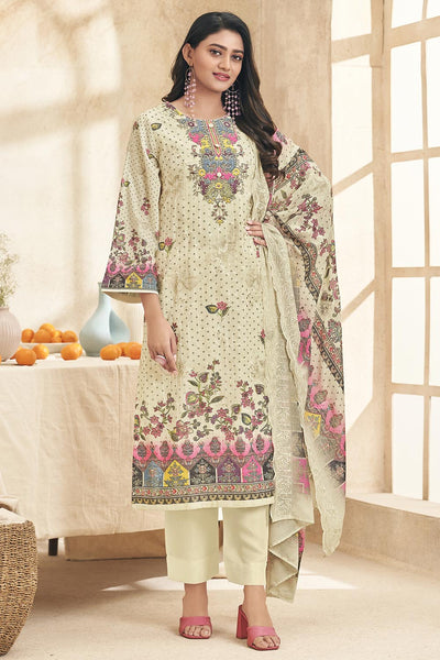 Floral Printed Cotton Kameez Pant Set with Dupatta - EastEssence.com