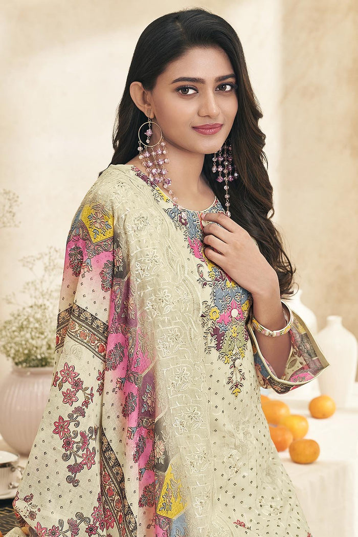 Floral Printed Cotton Kameez Pant Set with Dupatta - EastEssence.com
