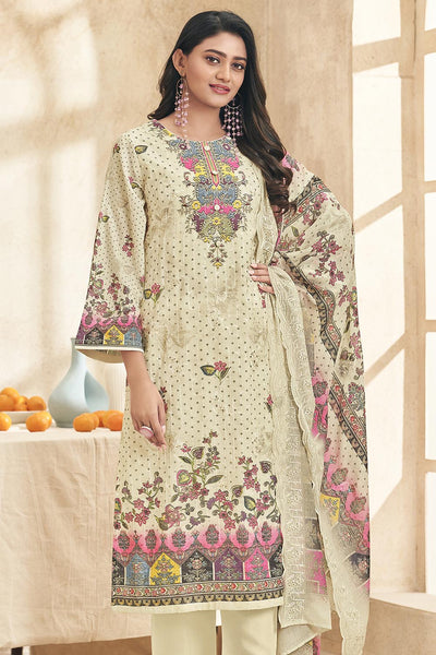 Floral Printed Cotton Kameez Pant Set with Dupatta - EastEssence.com
