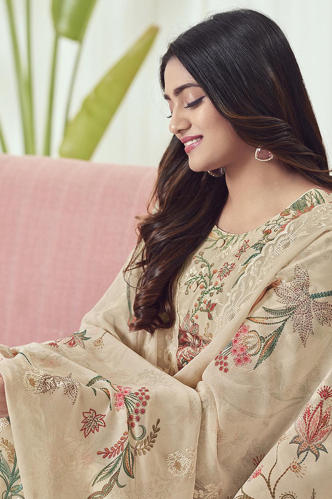 Floral Printed Georgette Kurta Pant Set with 3/4th Sleeves - EastEssence.com