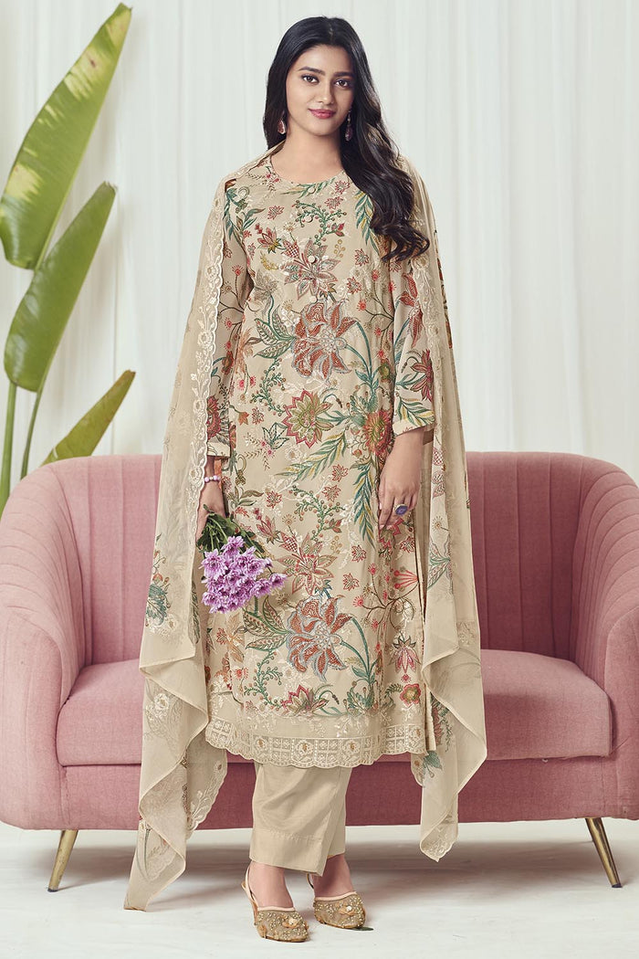 Floral Printed Georgette Kurta Pant Set with 3/4th Sleeves - EastEssence.com