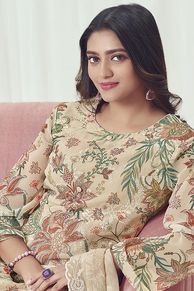 Floral Printed Georgette Kurta Pant Set with 3/4th Sleeves - EastEssence.com