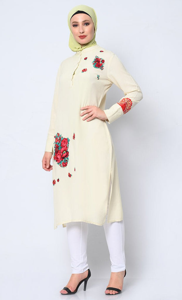 Floral Printed Patchwork Cream Tunic with Pockets - EastEssence.com