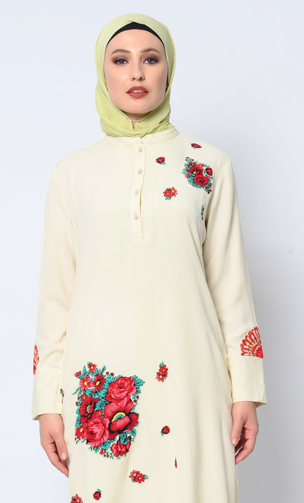 Floral Printed Patchwork Cream Tunic with Pockets - EastEssence.com