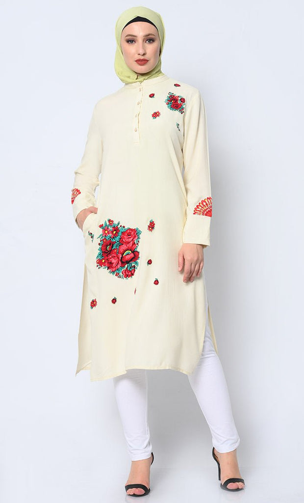 Floral Printed Patchwork Cream Tunic with Pockets - EastEssence.com