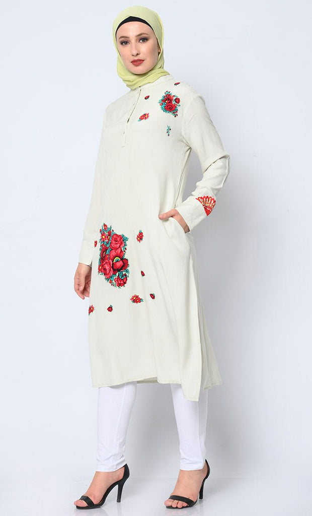 Floral Printed Patchwork Ivory Tunic with Pockets - EastEssence.com