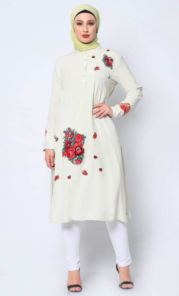 Floral Printed Patchwork Ivory Tunic with Pockets - EastEssence.com