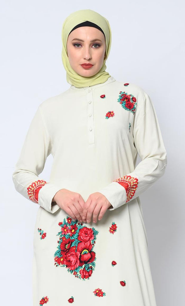 Floral Printed Patchwork Ivory Tunic with Pockets - EastEssence.com