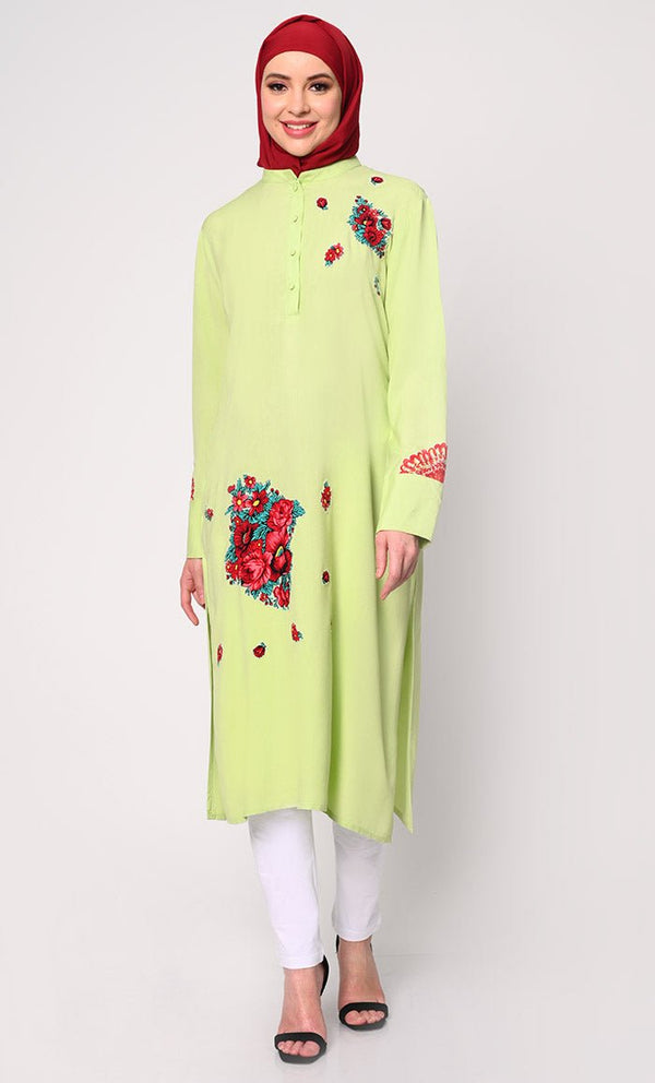 Floral Printed Patchwork Pista Green Tunic with Pockets - EastEssence.com