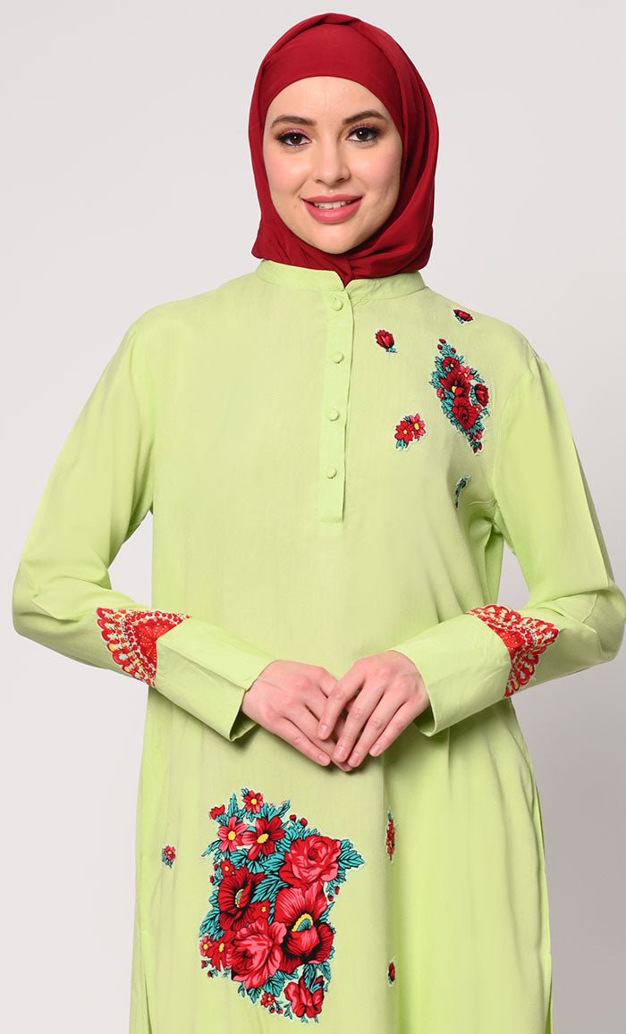 Floral Printed Patchwork Pista Green Tunic with Pockets Xs Floral Printed Patchwork Pista Green Tunic with Pockets Xs