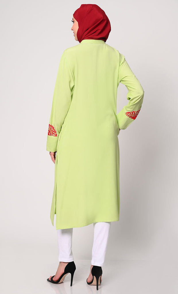 Floral Printed Patchwork Pista Green Tunic with Pockets - EastEssence.com