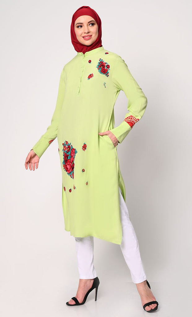 Floral Printed Patchwork Pista Green Tunic with Pockets - EastEssence.com