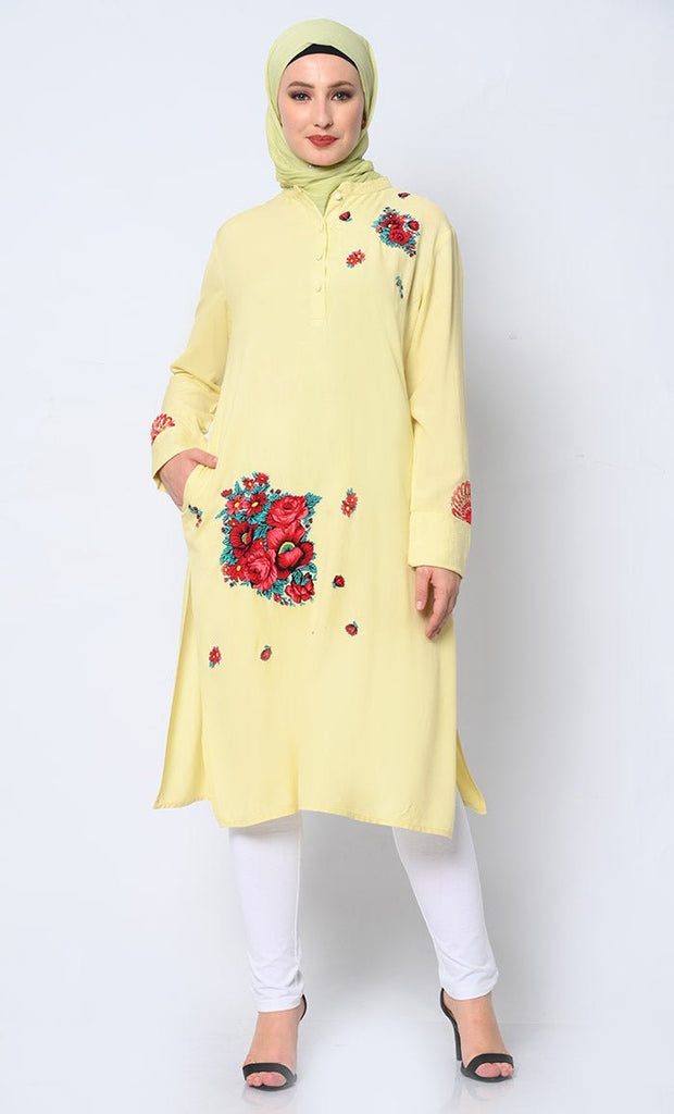 Floral Printed Patchwork Yellow Tunic with Pockets - EastEssence.com