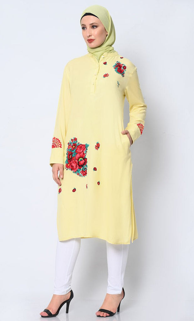 Floral Printed Patchwork Yellow Tunic with Pockets - EastEssence.com