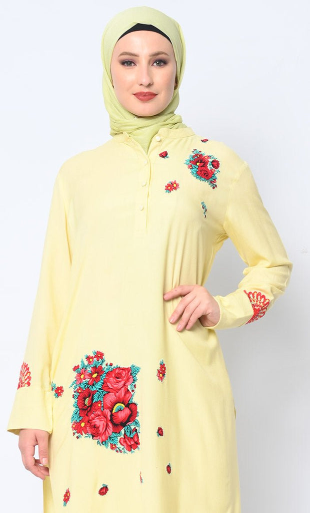 Floral Printed Patchwork Yellow Tunic with Pockets - EastEssence.com