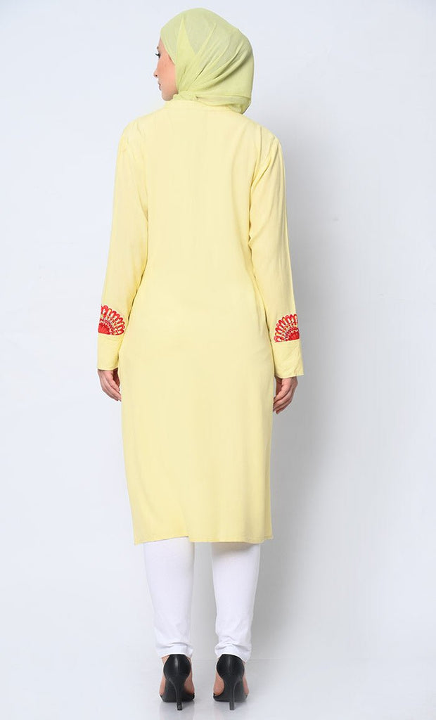 Floral Printed Patchwork Yellow Tunic with Pockets - EastEssence.com