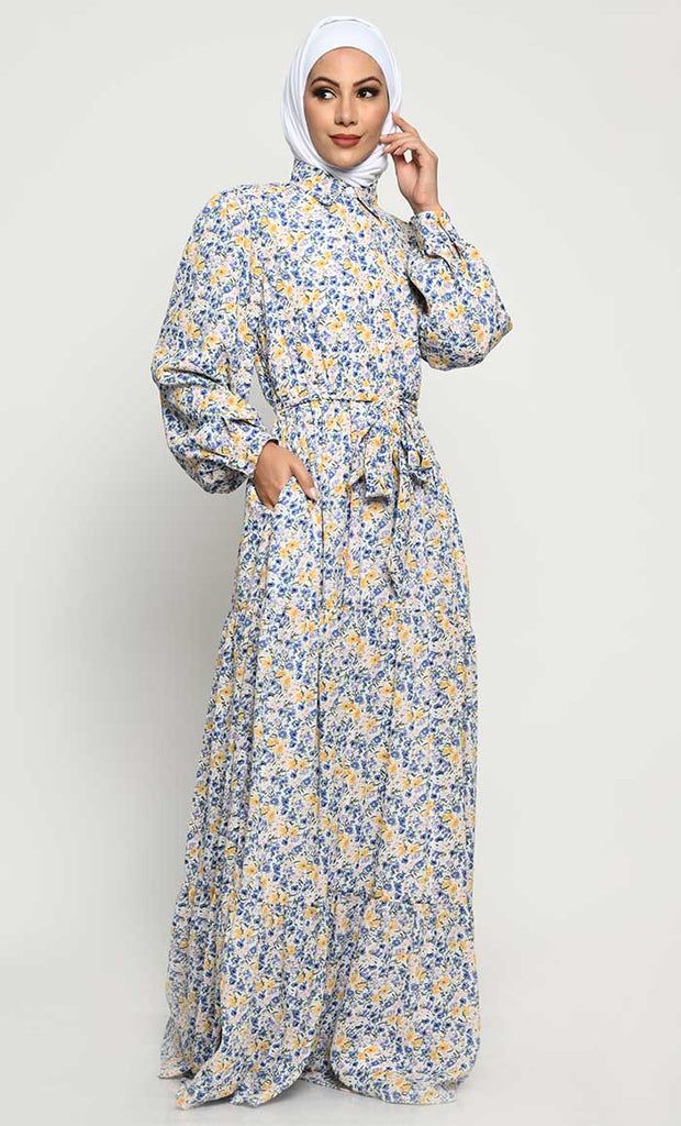 Floral Printed Summer Cool Fabric Abaya with Adjustable Belt - EastEssence.com