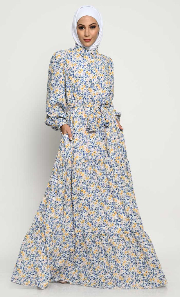 Floral Printed Summer Cool Fabric Abaya with Adjustable Belt - EastEssence.com