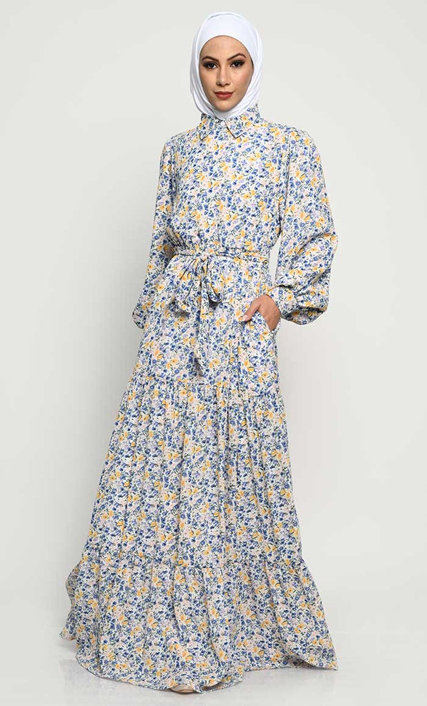 Floral Printed Summer Cool Fabric Abaya with Adjustable Belt - EastEssence.com