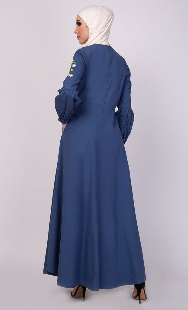 Floral Thread Embroidered Everyday Abaya Dress - Final Sale - EastEssence.com