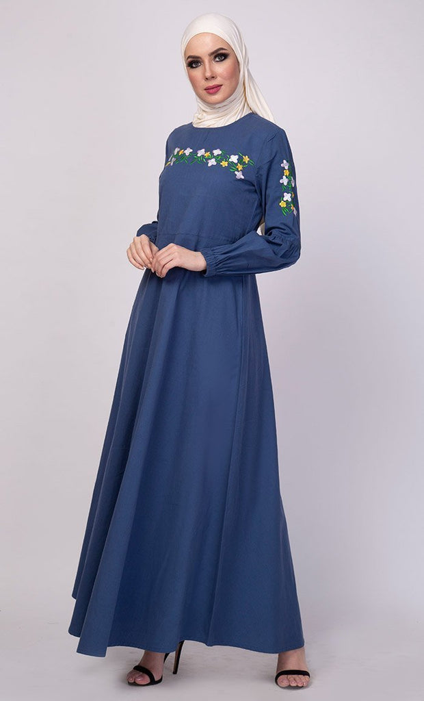 Floral Thread Embroidered Everyday Abaya Dress - Final Sale - EastEssence.com