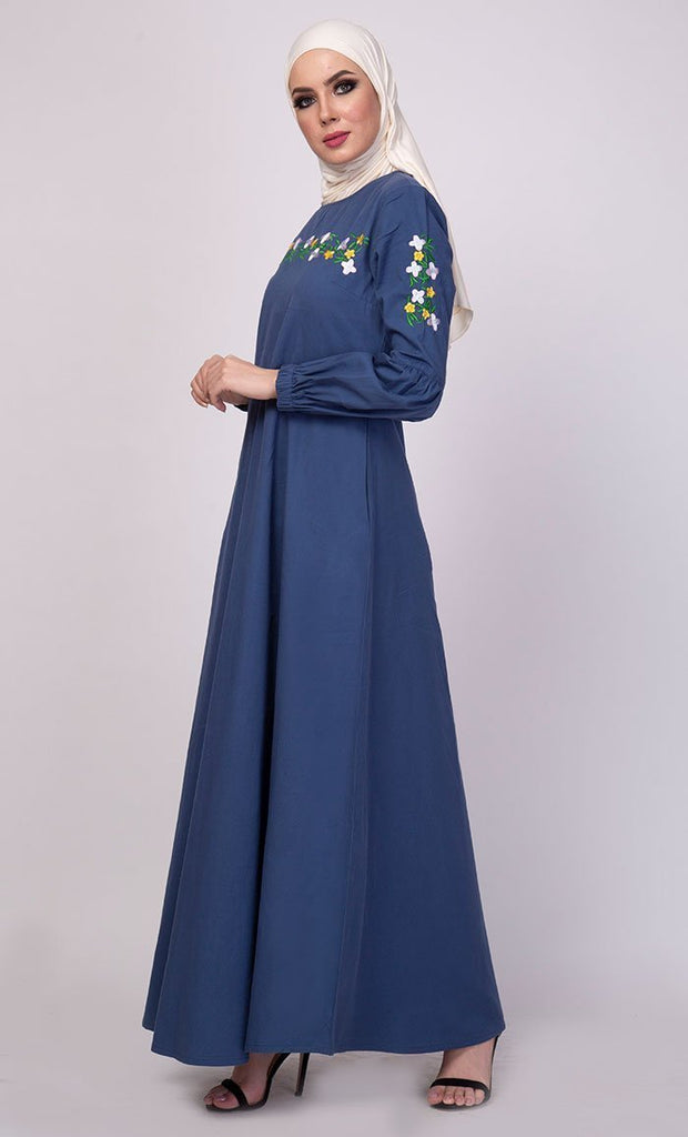 Floral Thread Embroidered Everyday Abaya Dress - Final Sale - EastEssence.com