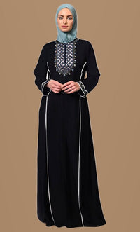 Flourish: Embroidered Front Zip Black Abaya - EastEssence.com