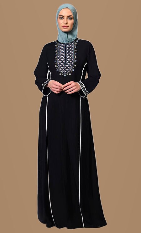 Flourish: Embroidered Front Zip Black Abaya - EastEssence.com