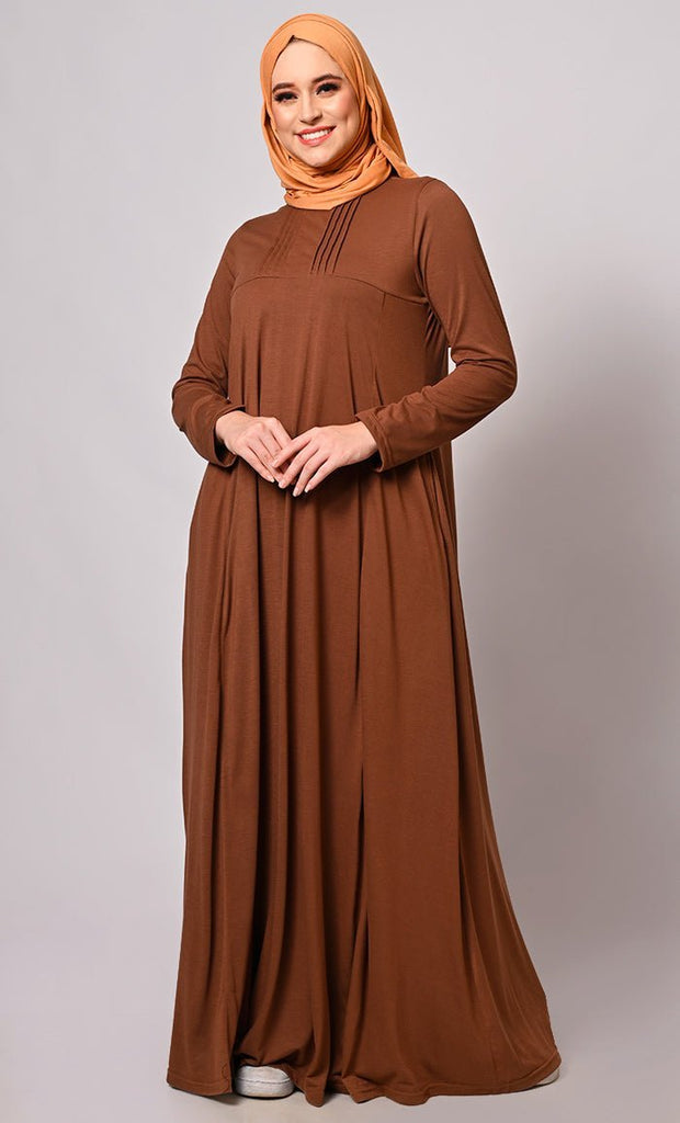 Flowing Elegance: Brown Flared Abaya With Pockets - Final Sale - EastEssence.com