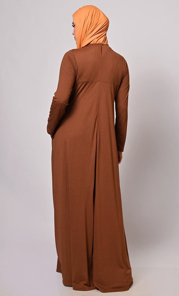 Flowing Elegance: Brown Flared Abaya With Pockets - Final Sale - EastEssence.com