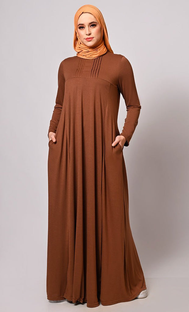 Flowing Elegance: Brown Flared Abaya With Pockets - Final Sale - EastEssence.com