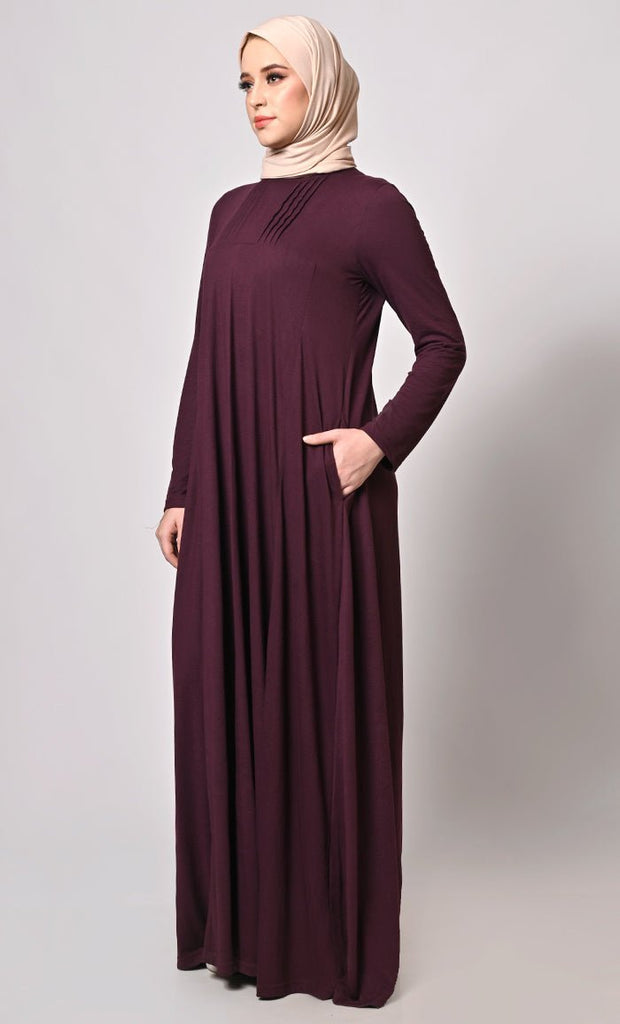 Flowing Elegance: Wine Flared Abaya With Pockets - Final Sale - EastEssence.com