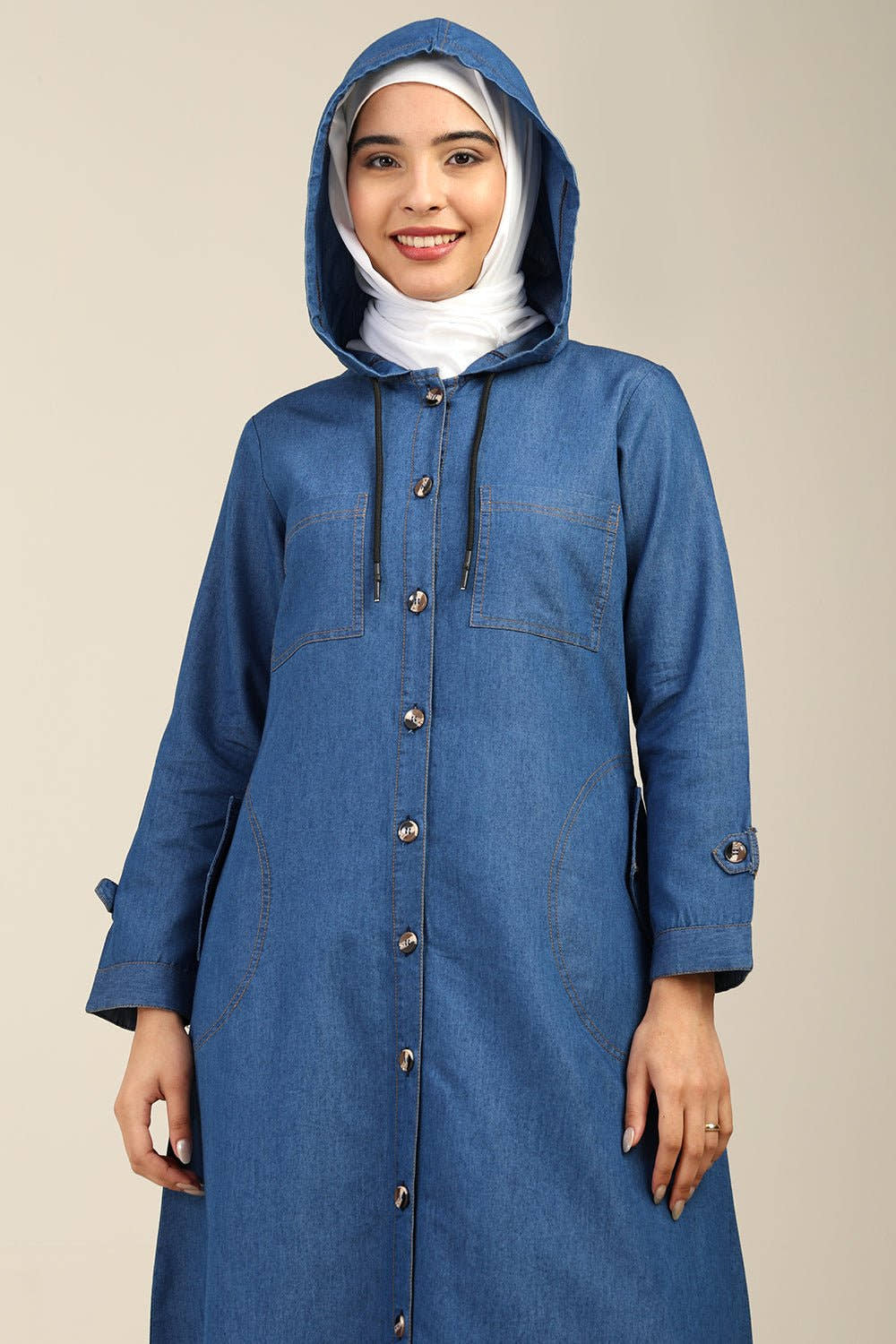 Front Button Opening Hooded Denim Abaya - EastEssence.com