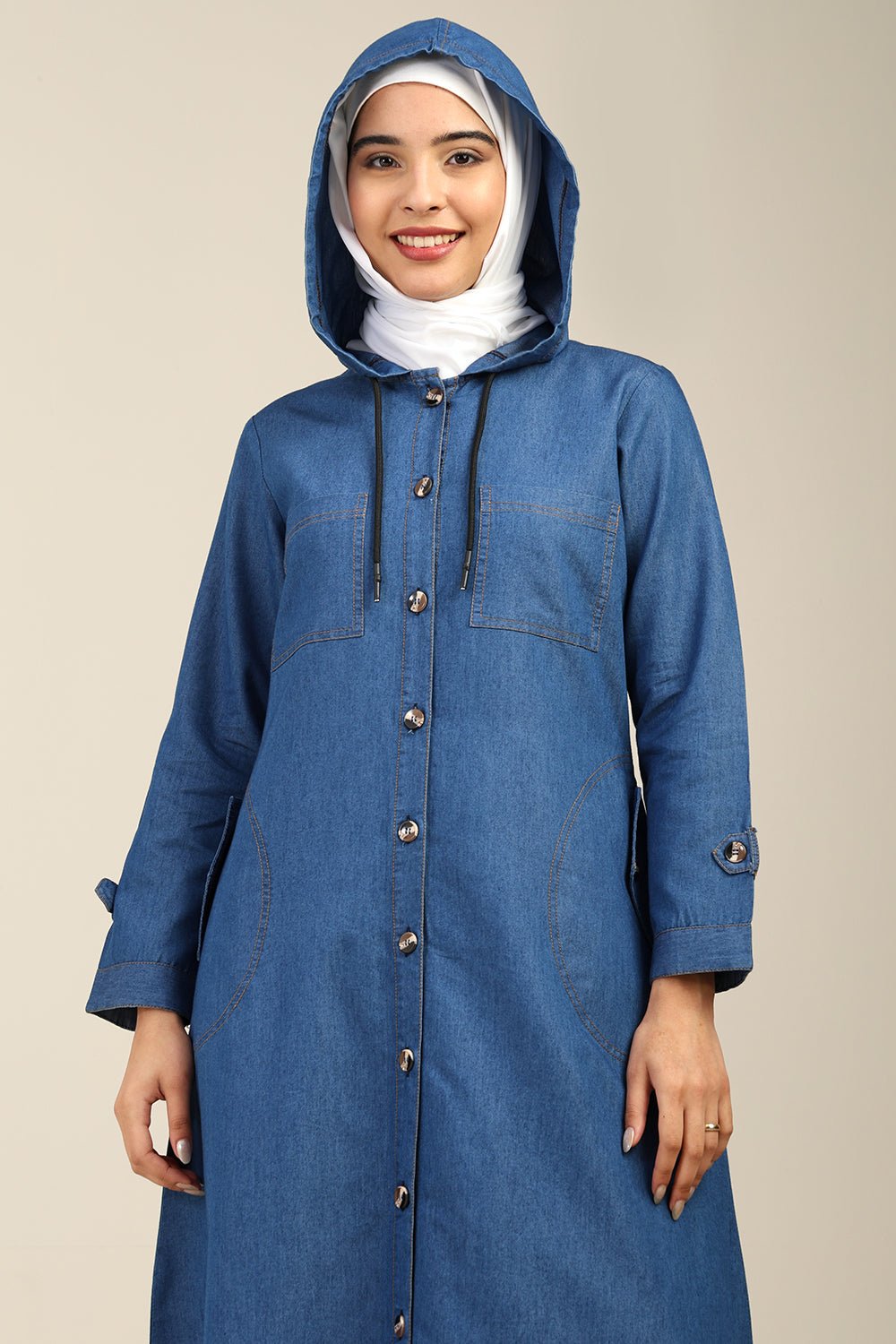 Front Button Opening Hooded Denim Abaya - EastEssence.com