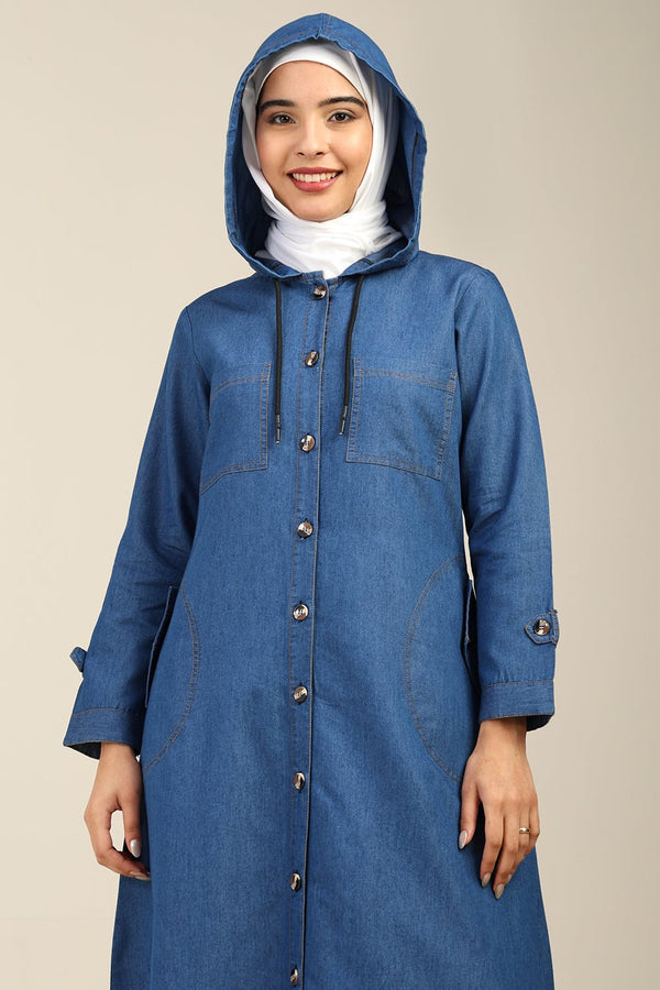 Front Button Opening Hooded Denim Abaya - EastEssence.com